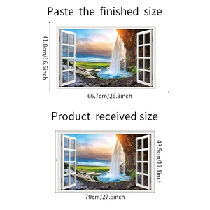 3D faux window wall sticker showing waterfall scenery with detailed product dimensions