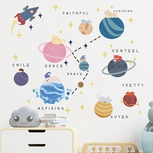 Cartoon space wall decals with animals, planets and rockets for nursery room decoration