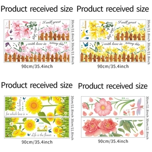 Detailed wall sticker dimensions featuring sunflower designs and floral garden patterns
