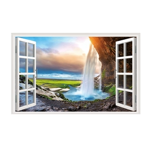Detail of 3D waterfall wall sticker with elegant white window frame design for decor