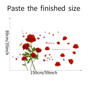Detail view of red rose wall stickers showing 150x89cm dimensions for home decor