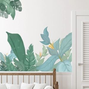 Tropical green leaves wall decals with monstera and palm patterns for bedroom decor