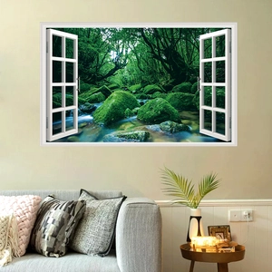 Detail view of 3D window wall decal showing a lush tropical forest with a flowing stream