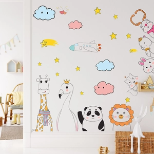 Cartoon animal wall stickers with giraffe, panda and clouds for kids nursery room decor