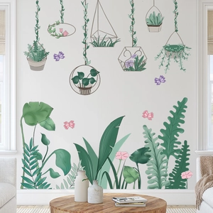 Tropical green plants wall stickers featuring hanging pots and Monstera leaves for living room