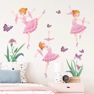 Ballet girl wall decals with pink lace dresses and purple flowers for kids room decor