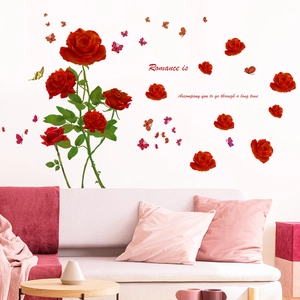 Romantic red rose wall stickers with butterflies and leaves for living room decor