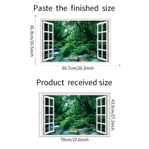 Detailed comparison of 3D forest window wall sticker in applied and original layout sizes