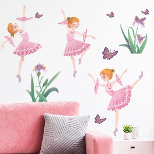 Detail view of cartoon ballerina wall stickers with flowers and butterflies in a nursery