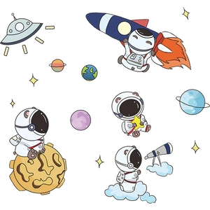 Cartoon astronaut bear and rocket spaceship wall stickers for kids room decoration