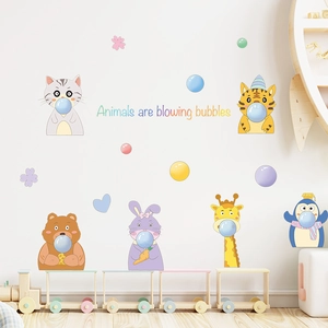 Cartoon animals blowing bubbles wall stickers for kids room wall decor