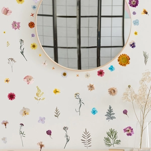 Floral wall decals set featuring colorful dried flowers and leaves around a round mirror