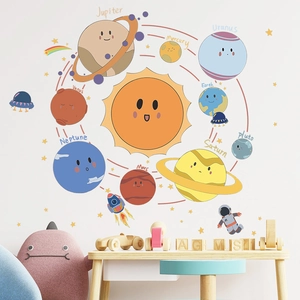 Stickers muraux système solaire avec planètes et astronaute pour chambre d'enfant