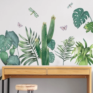 Tropical green leaves wall stickers with monstera and palm leaves for living room decor