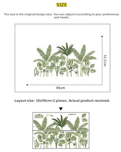 Guide des tailles de stickers tropicaux montrant la pose 95x52cm et feuilles 30x90cm
