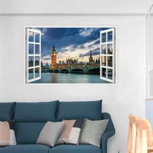 Detailed 3D window wall sticker showing London Big Ben and Thames River scenery