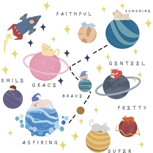 Cartoon space animal wall decals with rockets and planets for kids room decor