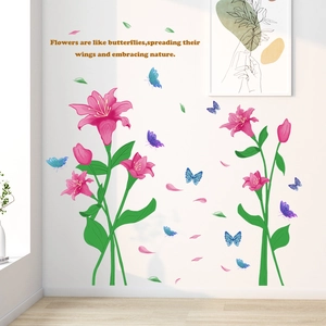 Pink lily flowers and blue butterflies wall decals with nature slogan for home decor