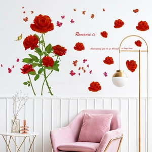 Romantic red rose wall stickers with butterflies and floral decals for home living room