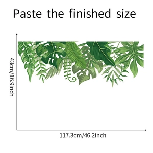 Detail showing tropical plant wall stickers with finished size 117.3cm x 43cm dimensions