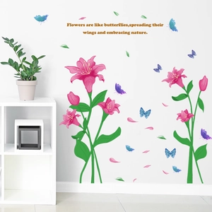 Pink Lily Flower Butterfly Wall Stickers PVC Self-Adhesive Floral Wall Decals For Living Room Bedroom Home Wall Decoration