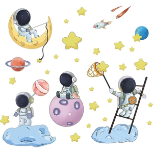 Cartoon astronaut moon and clouds wall sticker set for kid's room nursery decoration