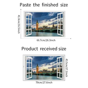 Size chart showing finished dimensions and layout for the 3D window wall sticker