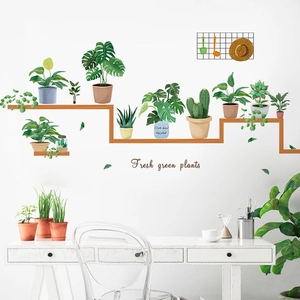 Stickers muraux de plantes vertes en pot avec monstera et cactus sur des étagères en bois