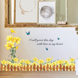 Pastoral wall stickers with yellow lilies, brown fence, butterflies and English slogan