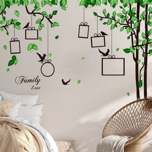 Vinilo decorativo de árbol genealógico moderno con hojas verdes y marcos de fotos