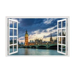 Detailed 3D window wall sticker featuring London Big Ben and Westminster Bridge landscape