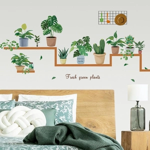 Stickers Muraux Plantes Vertes en Pot Nordiques PVC Auto-adhésifs Décalcomanies Murales Amovibles Pour Salon Chambre Décoration