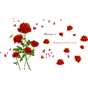 Removable red rose and butterfly wall stickers with romance typography for home decor