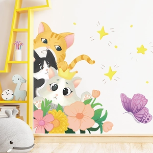 Cartoon space themed cat wall stickers for nursery and playroom home decoration