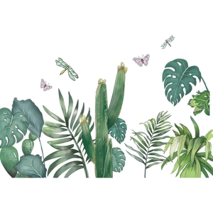 Tropical monstera and palm leaves wall decals with butterflies in watercolor style