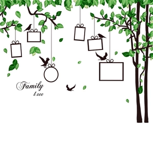 Vinilo decorativo de árbol genealógico con hojas verdes y pájaros para el hogar
