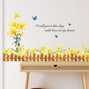 Wall decal with yellow lilies, wooden fence, butterflies and inspiring quote for home decor