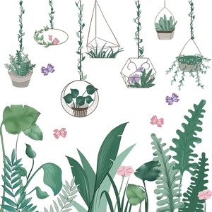 Self-adhesive tropical green plant wall stickers with hanging baskets and monstera leaves