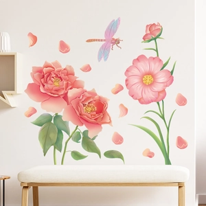 Floral wall stickers featuring pink roses and dragonflies for living room decoration