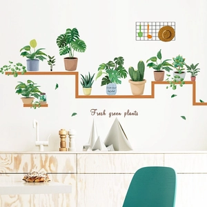 Stickers muraux autocollants en PVC avec plantes vertes en pot et étagère en bois