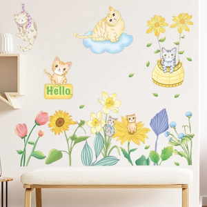 Self-adhesive cartoon cat and flower wall decals for kids room and home decor