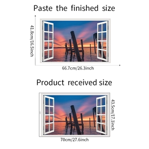 Detail view of 3D fake window wall sticker showing sunset lake dimensions and sizes