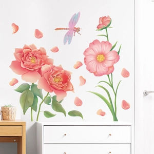 Pastel floral wall stickers with pink flowers and dragonfly for home living room decor