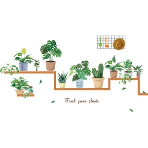 Stickers muraux nordiques avec plantes vertes fraîches en pot sur étagère en bois