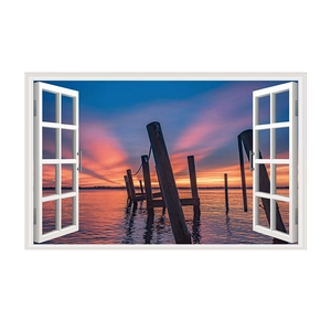 3D wall sticker window view showing calm lake sunset and wooden pillars scenery