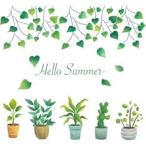 Fresh succulent green plant wall stickers for living room with Hello Summer text decor