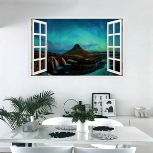 Detailed 3D wall sticker featuring a snowy mountain window view and northern lights