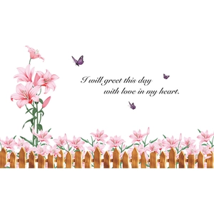 Pink lily flower wall stickers with butterfly and fence for home decor decoration