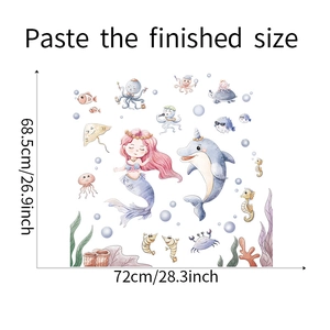 Tableau des tailles détaillé pour stickers muraux sirène aquarelle de 72cm x 68,5cm