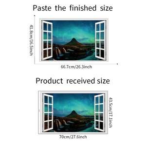 Detail showing 3D window effect wall sticker dimensions and snowy mountain landscape